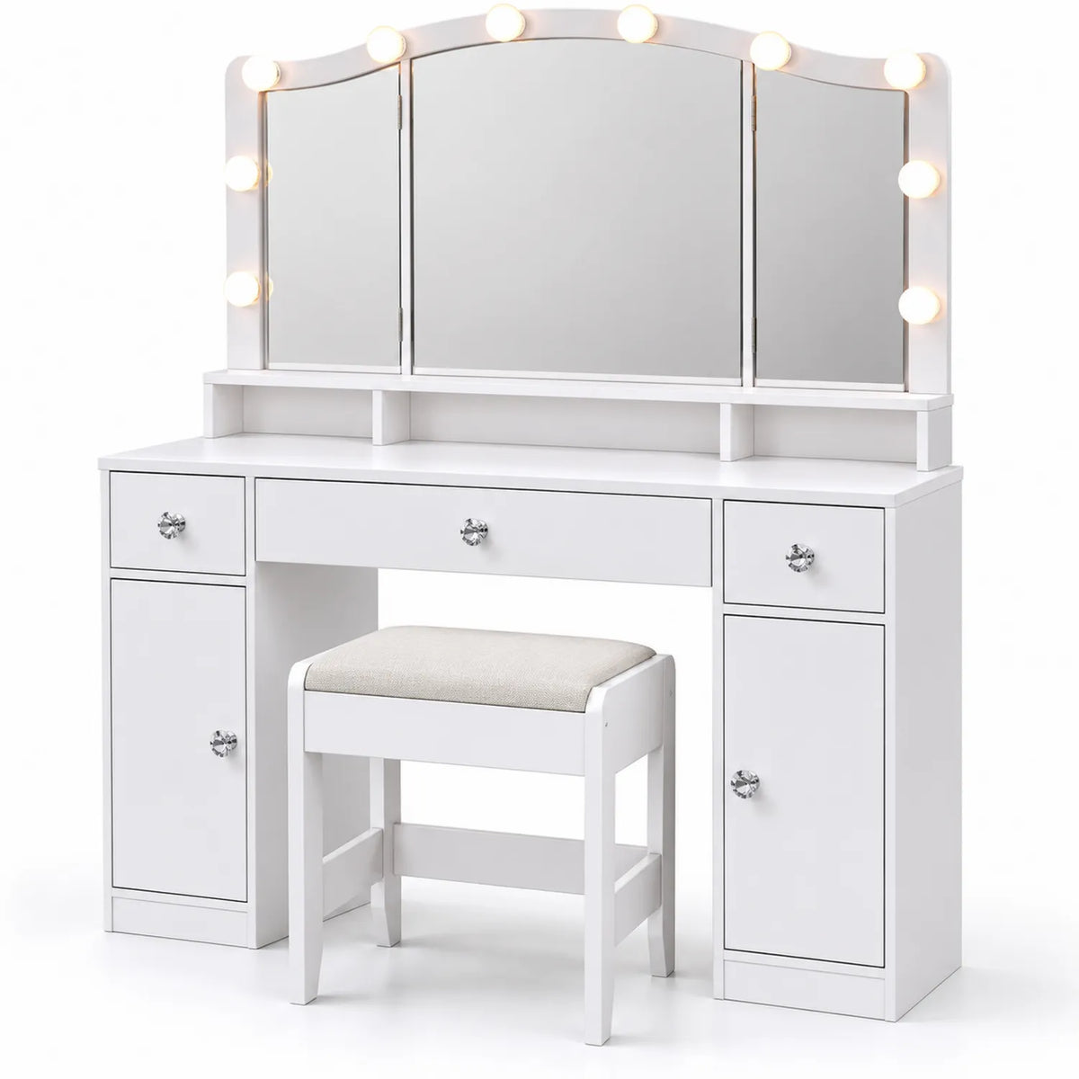 Tavolo da Trucco in Legno con Specchio LED e Sgabello, Bianco, 80x40x140 cm