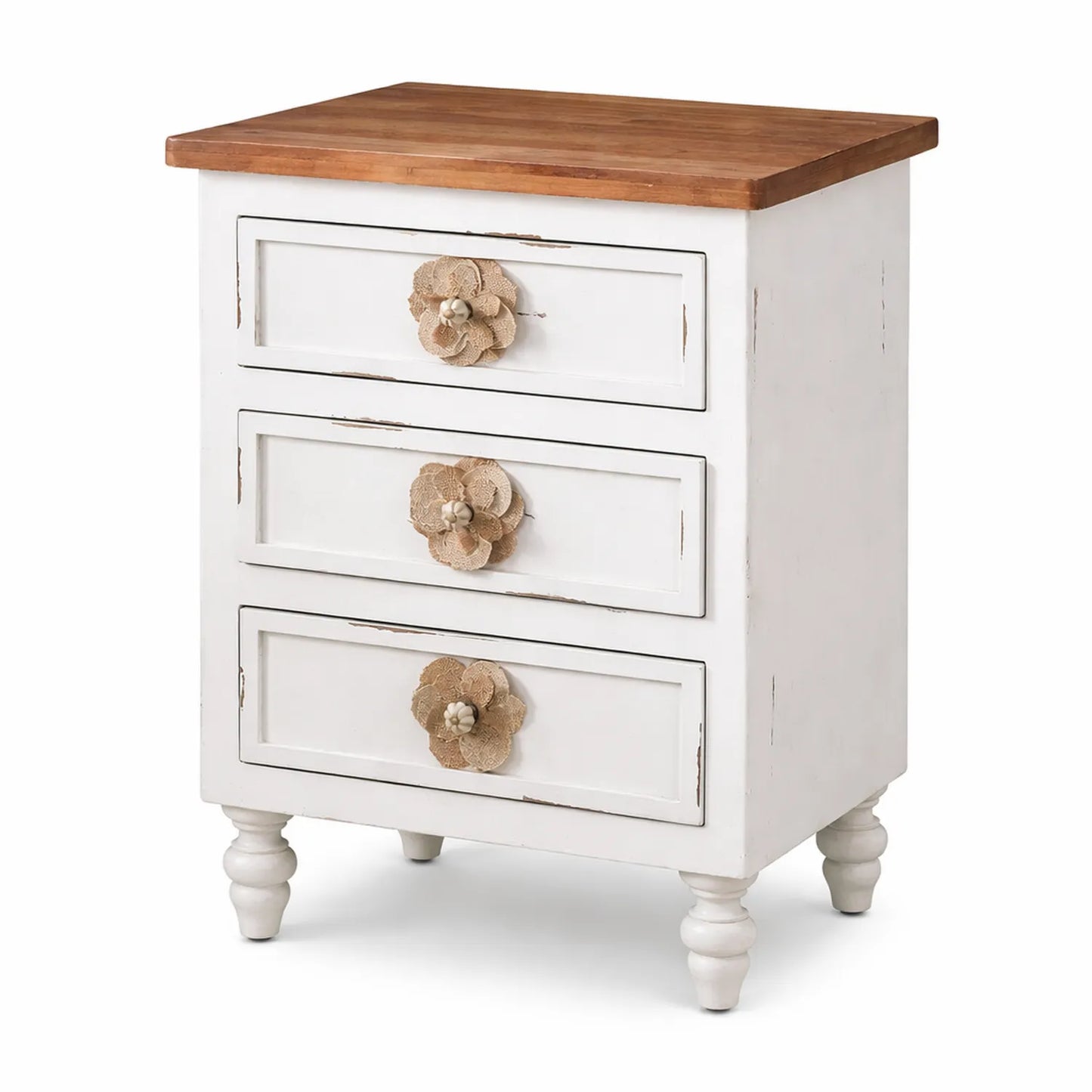 Comodino in Legno Bianco con Pomelli in Tessuto