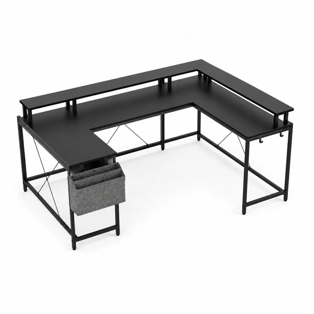 Scrivania angolare a L in metallo e MDF con tasca in tessuto, 150x120x75 cm, Nero