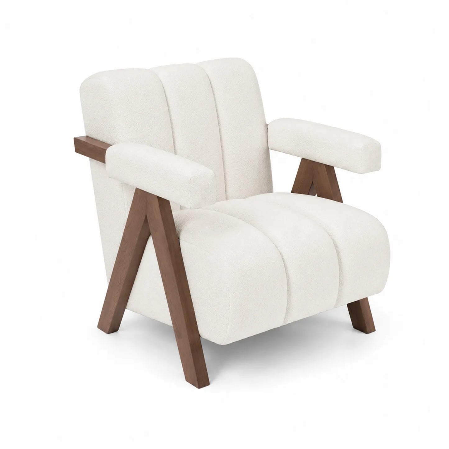 Poltrona in tessuto bouclé bianco con gambe in legno