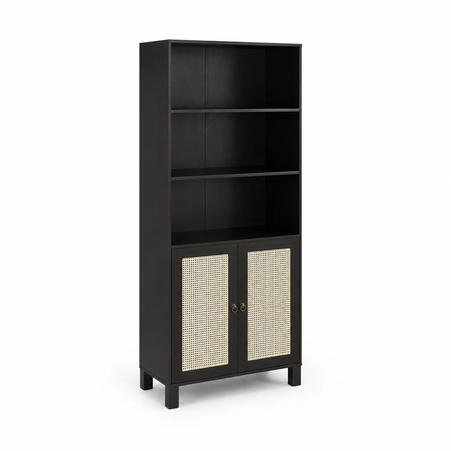 Scaffale in legno nero con ante in rattan