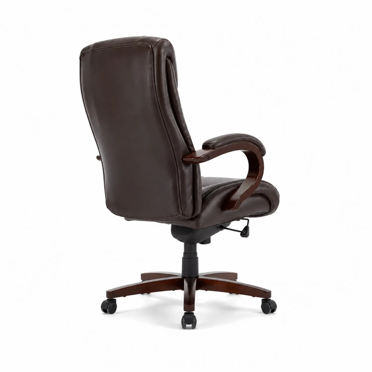 Sedia da ufficio in pelle sintetica marrone scuro con base e braccioli in legno