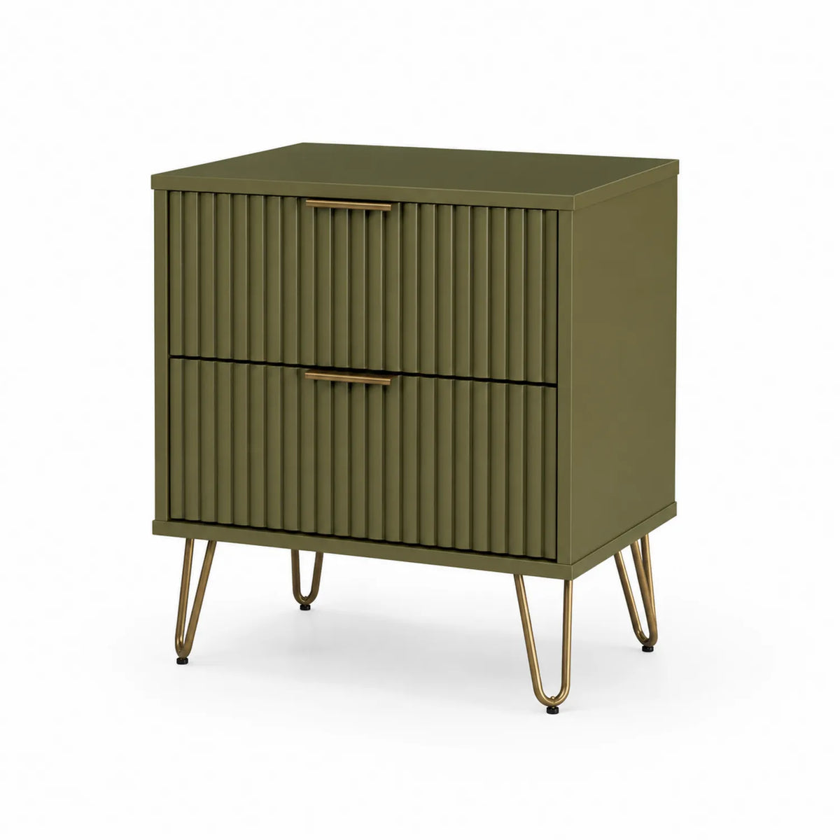 Comodino in legno verde con gambe in metallo e due cassetti