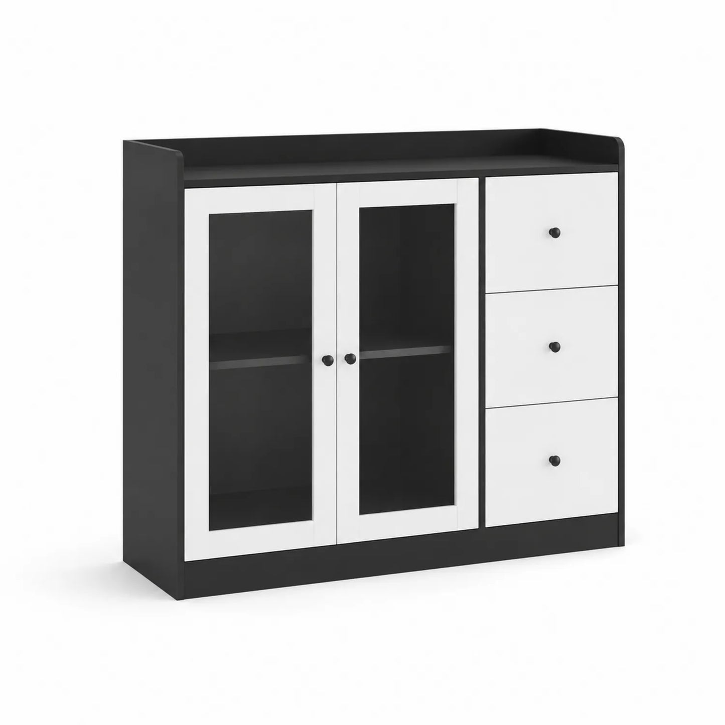 Credenza in MDF nero e bianco con ante in vetro temperato
