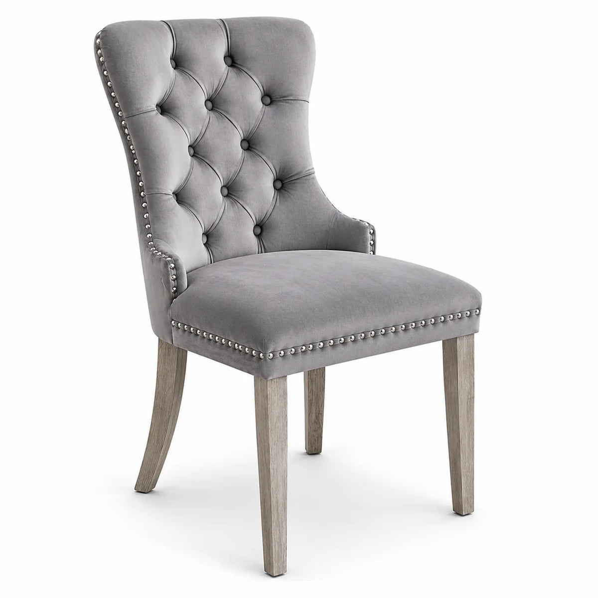 Sedia in Velluto Grigio con Gambe in Legno