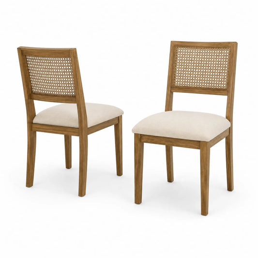 Set di 2 Sedie da Pranzo in Legno e Rattan Naturale