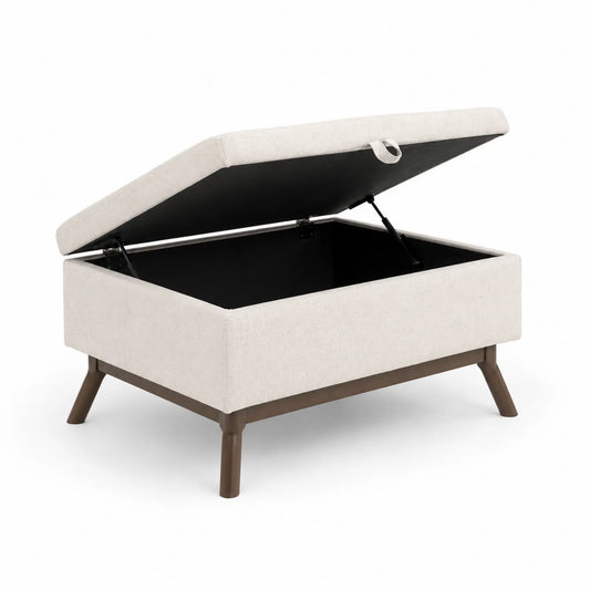 Puff in Tessuto Beige con Gambe in Legno