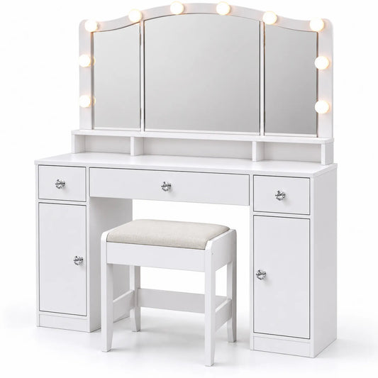 Tavolo da Trucco in Legno con Specchio LED e Sgabello, Bianco, 80x40x140 cm