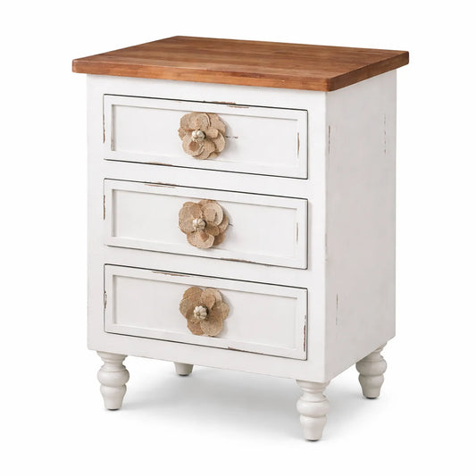 Comodino in Legno Bianco con Pomelli in Tessuto