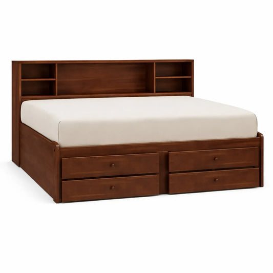 Letto matrimoniale con testiera a scaffali e cassetti in legno marrone