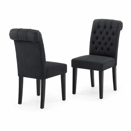 Set di 2 Sedie da Pranzo in Tessuto Nero con Gambe in Legno