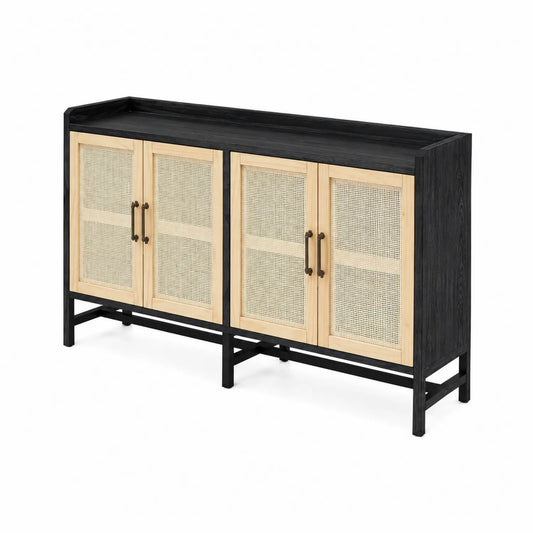 Credenza in legno e rattan con 4 ante, Nero e Naturale