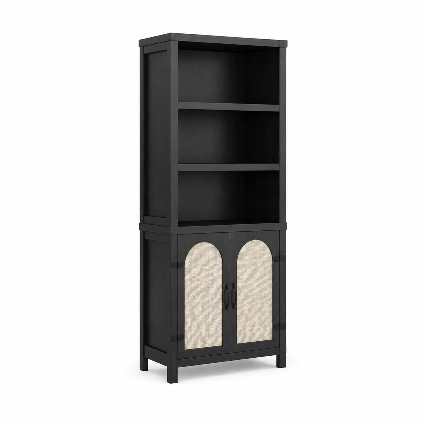 Libreria in Legno Nero con Ante in Rattan 180x80x30 cm