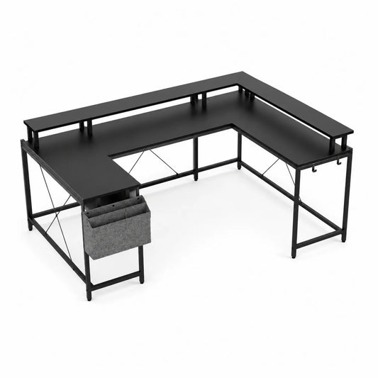 Scrivania angolare a L in metallo e MDF con tasca in tessuto, 150x120x75 cm, Nero