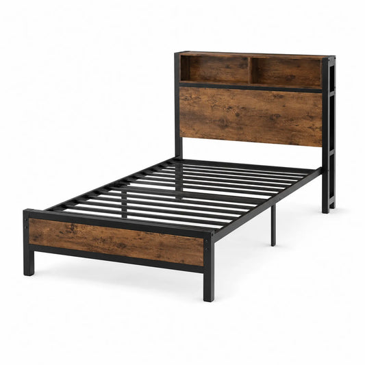 Letto singolo in metallo e MDF con testiera scaffale