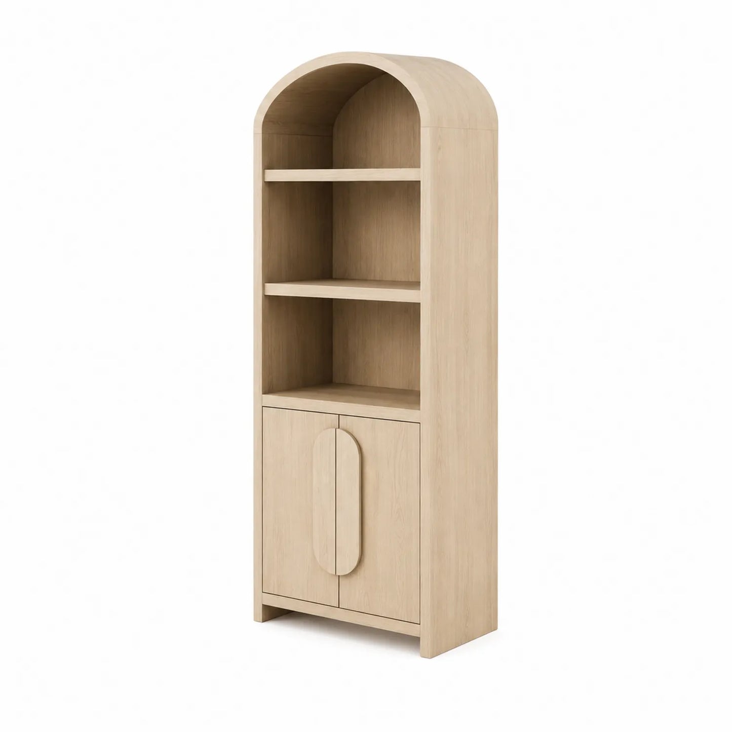 Libreria ad arco in legno massello con 3 ripiani e 2 ante