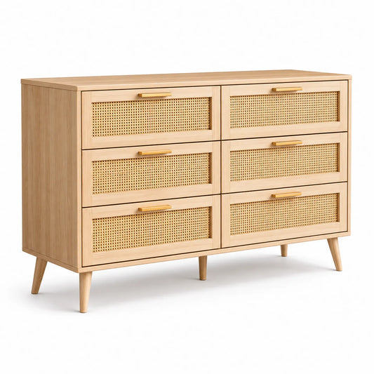 Cassettiera in legno massello e rattan con 6 cassetti