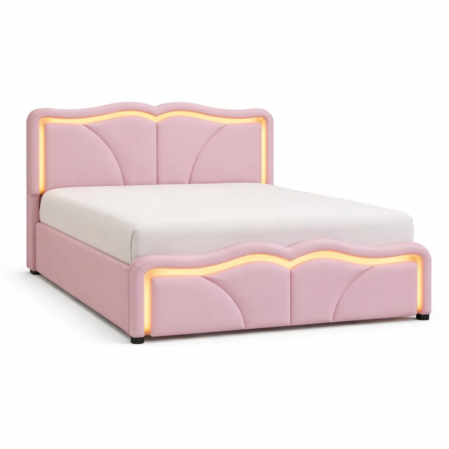 Letto matrimoniale in legno ecopelle rosa con LED