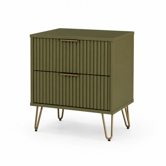 Comodino in legno verde con gambe in metallo e due cassetti