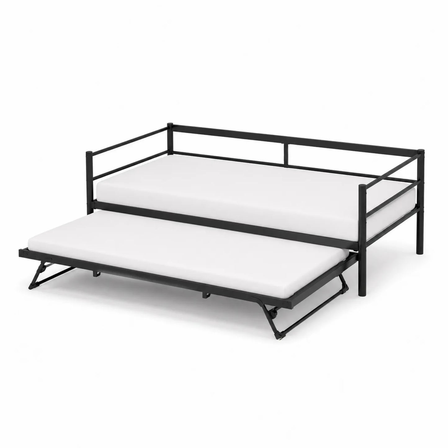 Letto in Metallo Nero con Letto Estraibile e Materassi Bianchi