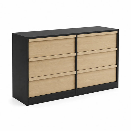 Cassettiera Legno e MDF 6 Cassetti Nero/Naturale 120x40x75 cm