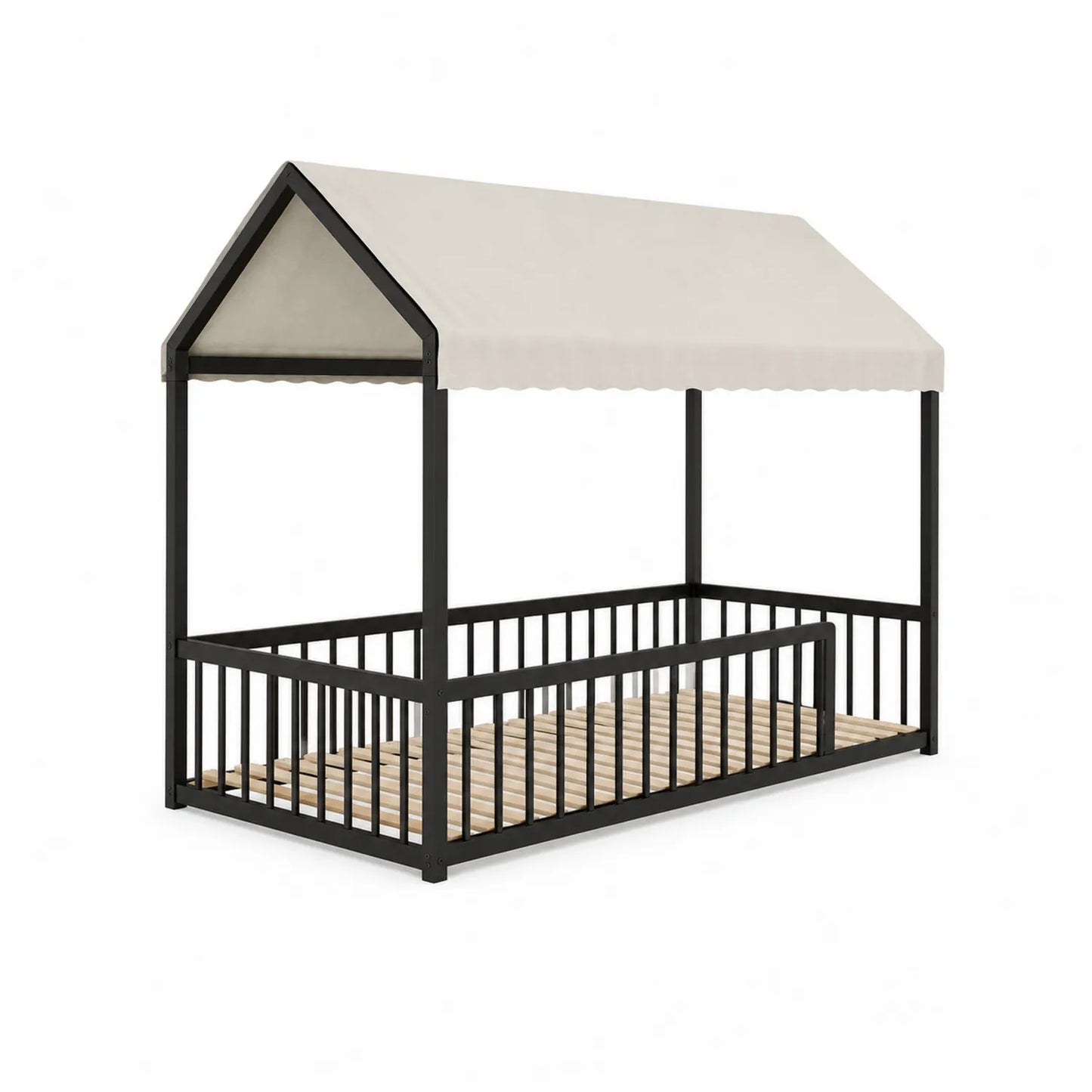 Letto a Baldacchino in Metallo Nero e Legno con Tettuccio in Tessuto Beige