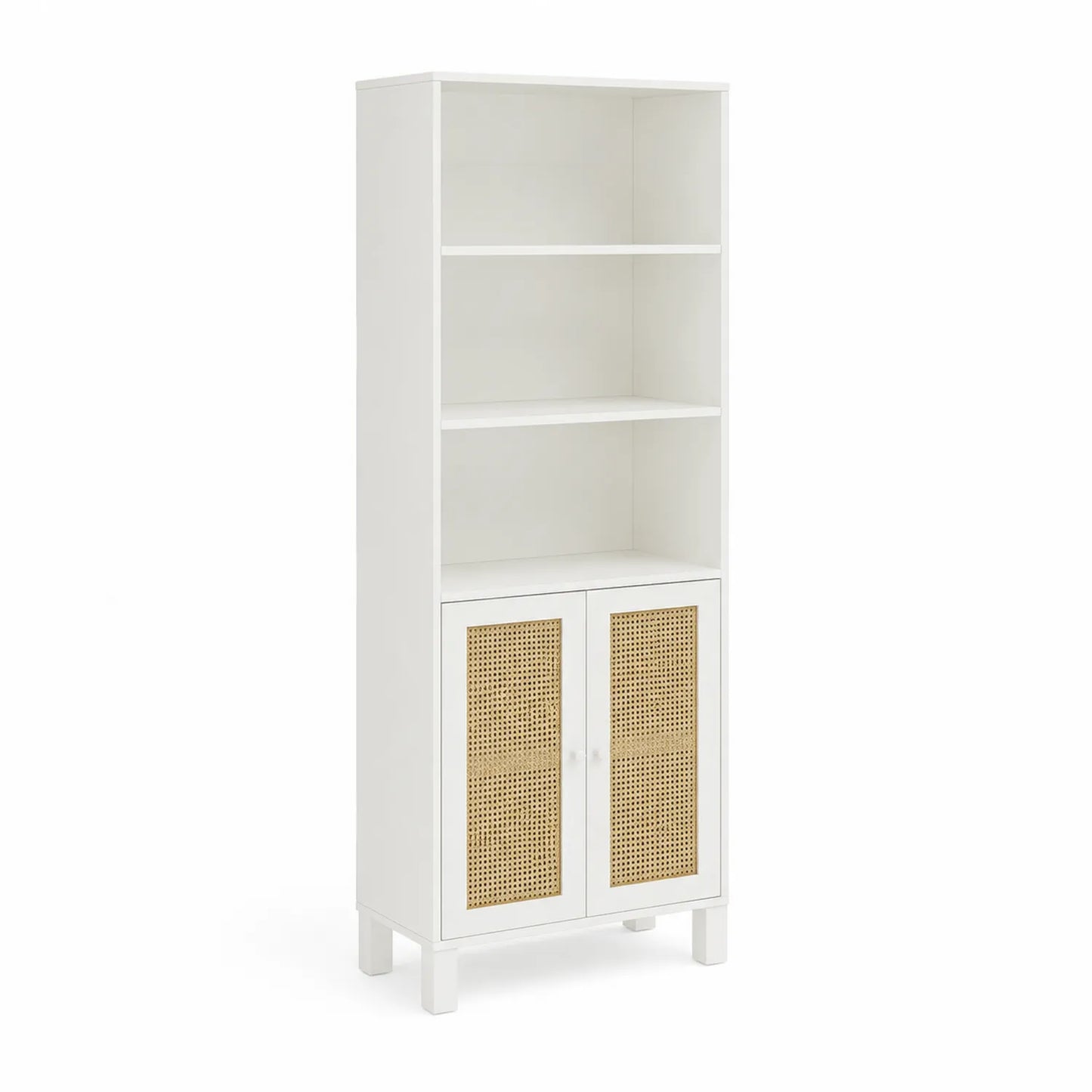 Libreria in legno MDF bianco con ante in rattan naturale 180x75x30 cm