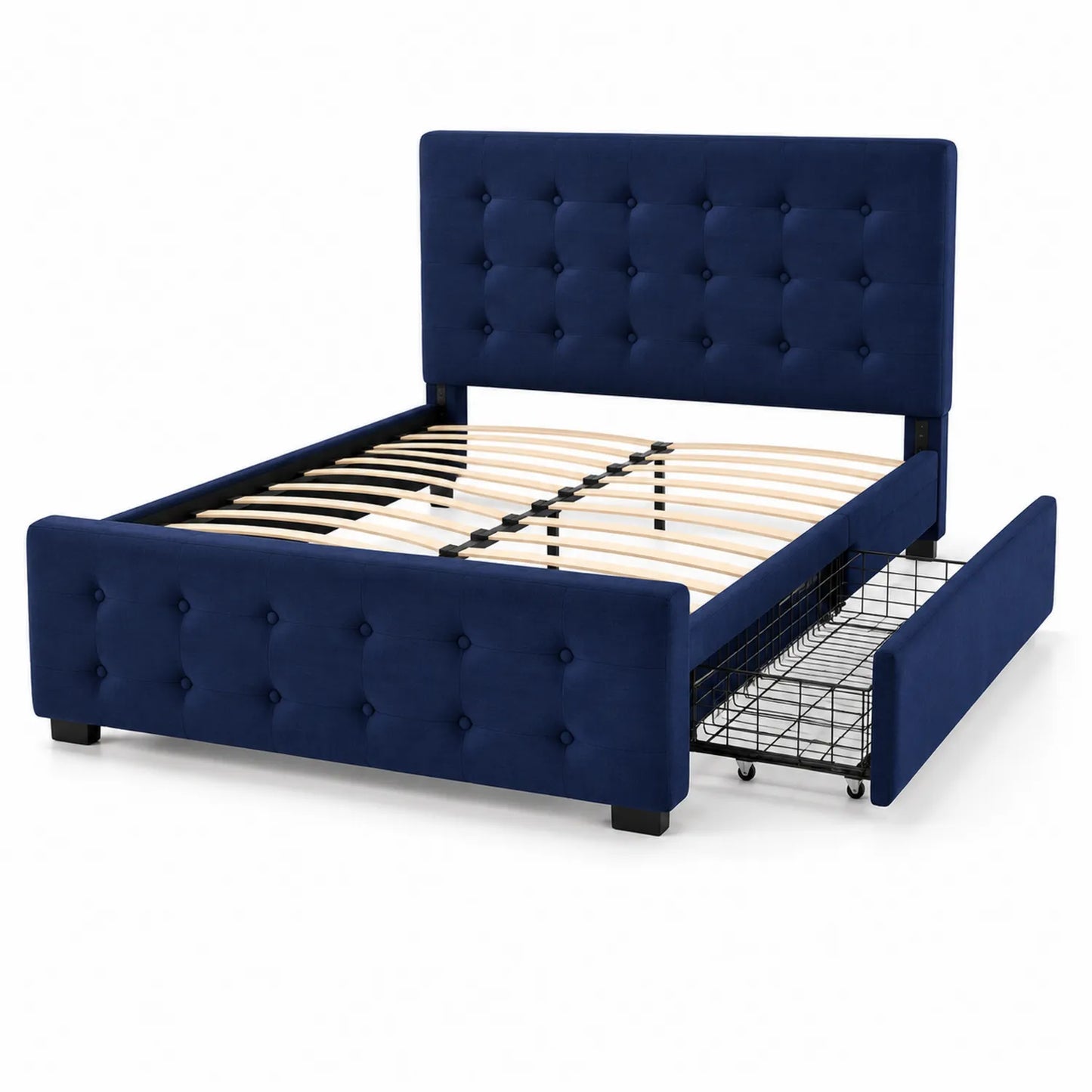 Letto Matrimoniale in Velluto Blu con Contenitore 160x200 cm