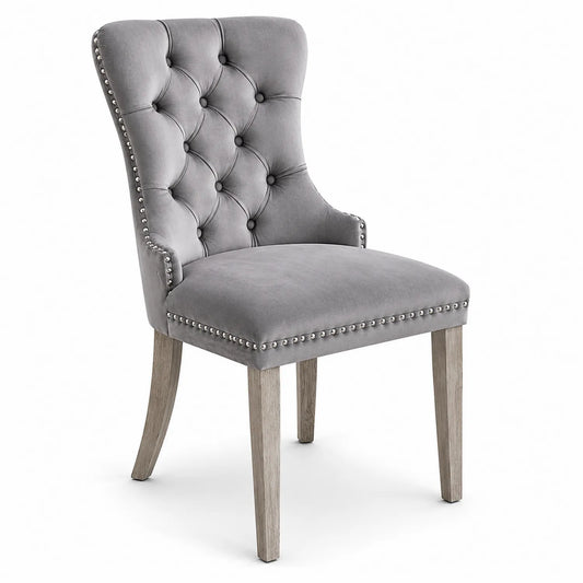 Sedia in Velluto Grigio con Gambe in Legno