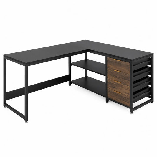 Scrivania Angolare in Metallo Nero e Legno con Cassetti