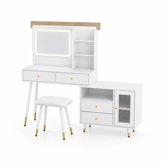 Tavolo da Trucco in Legno con Specchio LED e Sgabello, Bianco
