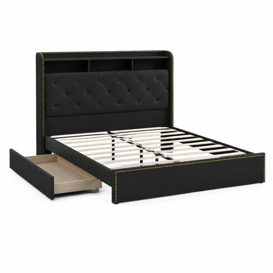 Letto Contenitore in similpelle Nero con Testiera Imbottita